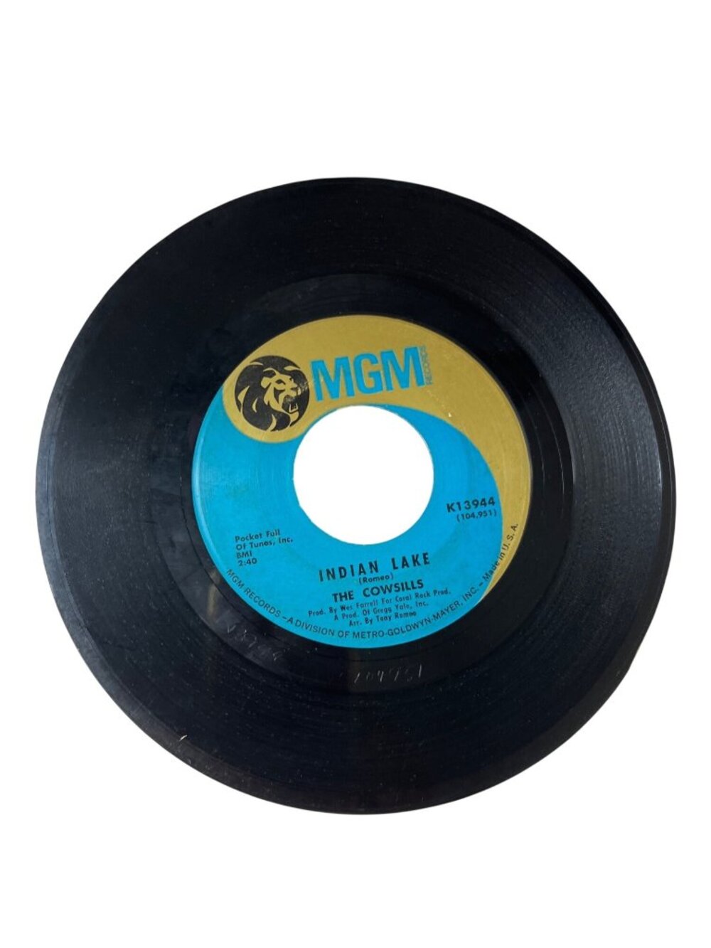 The Cowsills Indian Lake / Newspaper Blanket 45 RPM Vinyl Record MGM 1968 R131